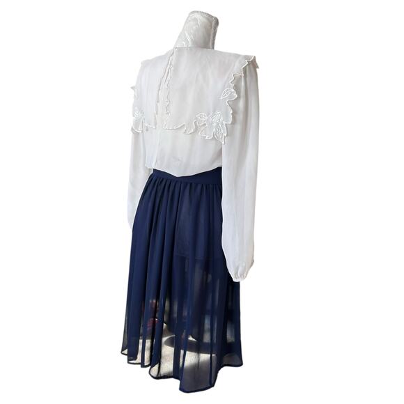 Vintage 80s White Blue Sheer Belted Dress Womens Sz Small Lace Collar Coquette - Picture 5 of 16